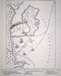 Plan for nederlaget for den amerikanske flåde ved Champlain-søen (litho)