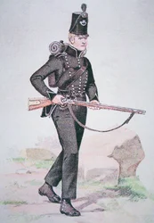 Menig fra 95th Rifles, ca. 1810, bevæbnet med Baker Rifle, designet af Ezekiel Baker fra London (farve litho)
