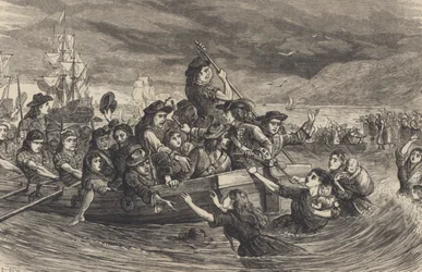 De vilde gæs – jakobitiske irske soldater forlader Limerick til Frankrig i 1691 (gravering)