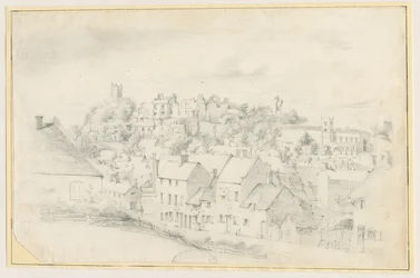 Tutbury - By, Kirke og Slot: blyantstegning, nd [?1800-tallet] (tegning)