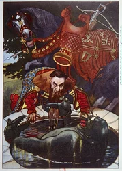 Knight møder et monster, der dukker op fra en brønd