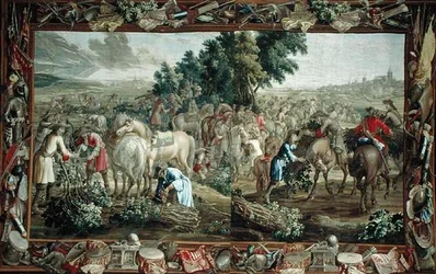 Double Tapestry, der viser kvist samlere uden for en by, Bruxelles Workshop (Tapestry)