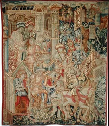 Kejser Titus Vespasianus (9-79 e.Kr.) beordrer sin søn Titus (38-91 e.Kr.) til at vende tilbage til Jerusalem (gobelin)