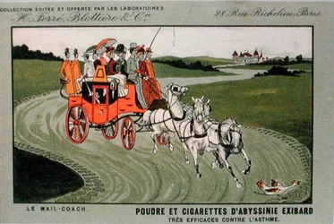 Annonce for cigaretmærket Exibard, der forestiller en postvogn og angiver, at tobak og cigaretter er effektive mod astma (farve litho)
