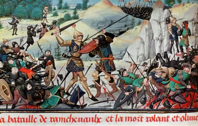 Ridderen Rolands død, Karl den Stores nevø, i slaget ved Roncevaux (778) mellem Karl den Stores hær og saracenerne. Miniature. Paris, B.N.