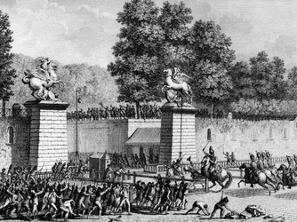 Første af den franske revolution: Monsieur Charles Eugene de Lorraine, prins af Lambesc (1754-1825) gik ind i Tuilerierne med en afdeling af kongelig tysk den 12. juli 1789 for at undertrykke de første revolutionære. Paris, Bibliotek for Institut for Histo