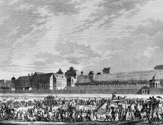 Fransk revolution og anti-revolutionære bevægelser: Jean Sylvain Baillys (1736-1793) død den 12. november 1793 guillotine, for at have deponeret til fordel for Marie Antoinette ved hans høring på esplanaden ved Champ de Mars i Paris. Paris, Bibliotek o