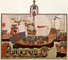 Harley 4379 f.60v Ekspedition af hertugen af Bourbon til Barbary, henrettet af Jean Froissart (c.1333-c.1404) i Paris for den franske historiker Philip de Commines (1445-1509) (faksimile)