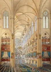 Interiøret i Notre-Dame-katedralen i Paris under kroningen af Napoleon I (1769-1821) den 2/12/1804. Akvarel omkring 1804. Île-d