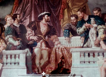 Præsentation af planerne for det nye Louvre for kong Francois I (1494-1547) Kong Francois I modtog arkitekten Pierre Lescot omkring 1546. Fresko af Grand Salon Napoleon III i Richelieu-fløjen, Louvre, Paris