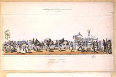 Procession af Meuniers-Fariniers (Millers) i Strasbourg, 25. juni 1840 (farve litho)