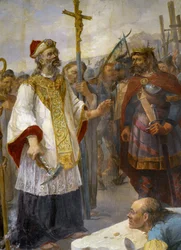 St Corentin lægger den 1. sten af Cathedrale de Quimper på Odet i nærværelse af kong Gralon Meur, 435 - maleri af Morlaix kirke