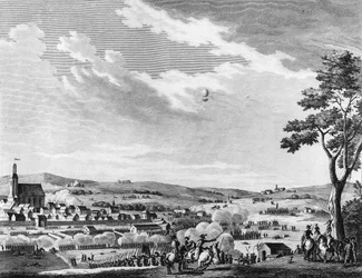 Den franske revolutions krig og bevægelse mod revolutionær: Sejr i slaget ved Fleurus vundet af franskmændene den 8. messidor år II (26. juni 1794) mod Det Forenede Kongerige og Østrig. Paris, bibliotek for Institut for Revolutionshistorie
