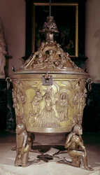 Døbefont, der viser et reliefpanel af Kristi dåb, understøttet af fire knælende figurer, der repræsenterer paradisets floder, tysk, ca. 1225-30 (bronze)