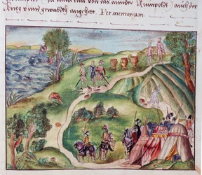 MS Add.15217 fol.40 Et venezuelansk landskab med en spansk lejr, fra en samling af erindringer fra Coeler-familien, Nürnberg
