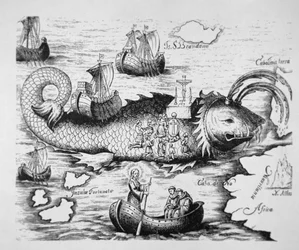 St. Brendan fejrer messe på ryggen af en kæmpe fisk mellem De Kanariske Øer og den mytiske Isle of St Brandano (gravering)