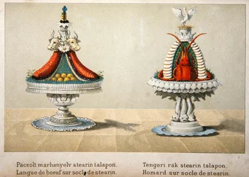 Design til præsentation af oksetunge på en seng af stearin og til hummer, illustration fra en ungarsk kogebog om fransk madlavning, ca. 1880 (farve litho)