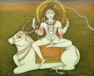 Gud Shiva i nøgen positur, miniaturemaleri på papir