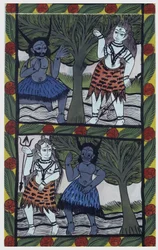 Kama, begærets gud, sender en kærlighedspil til Shiva i meditation for at forene sig med Parvati. Pat: malet rulle fra Bengal-regionen, der tjener som et fortællende medium for sangerne Baoul (Baul). Leonard de Selva privat samling.