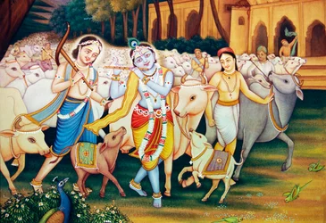 Krishna og Balram med Gopal Miniaturemaleri