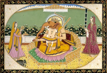 Lord Ganesh med Ridhi og Siddhi Miniaturemaleri Indien