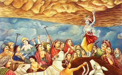 Lord Krishna løfter bjerg-miniaturemaleri
