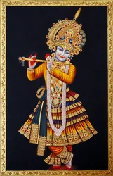 Lord Krishna spiller fløjte Miniaturemaleri på papir