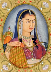 Miniaturemaleri af moguldronningen Jodha Bai Indien Asien