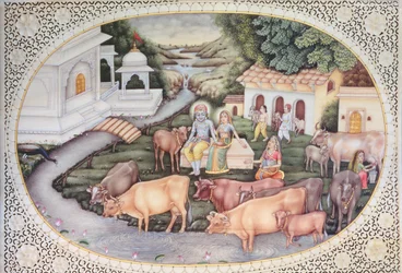 Miniature af Krishna, en malkepige, der sidder på en mark med kvæg (akvarel på elfenben)