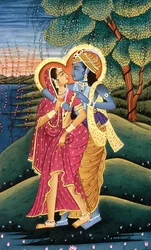Maleri af Gud Krishna og hendes største hengivne Radha, Indien
