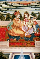 Maleri af Mughal-kejser med sine koner i kærlighedsscene, Indien