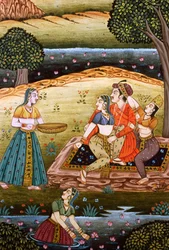 Maleri af mogulkejser med sine koner i kærlighedsscene, Indien