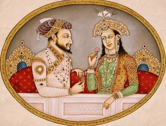 Portræt af mogulkejseren Shahjahan med dronning Mumtaz Mahal, Indien