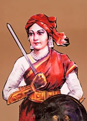 Portræt af Rani Laxmibai, dronning af Jhansi, stor frihedskæmper i Indiens første uafhængighedskrig, det indiske mytteri 1857-58 (farvelitografi)