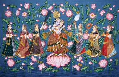 Radha Krishna med Sakhis Miniaturemaleri på papir