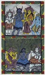 Shiva giver liv til Ganesha (Ganesh eller Ganapati), i armene på sin mor Parvati, efter at have skåret hendes hoved til en arm af vrede. Pat: malet rulle fra Bengal-regionen, der tjener som et fortællende medium for musikerne Baoul (eller baul). Leonard de
