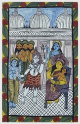 Guderne kommer for at beundre Krishna, legemliggjort i kroppen af et smukt barn, Ganesha (Ganesh eller Ganapati), der sidder på knæene af sin mor Parvati. Pat: malet rulle fra Bengal-regionen, der tjener som et fortællende medium for sangerne Baoul (Baul).
