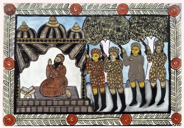 Historien om angrebene den 11. september 2001 fortalt af kræmmerne Baul fra Bengalen. Maleri, serie, nummer 1/9, Bengal.