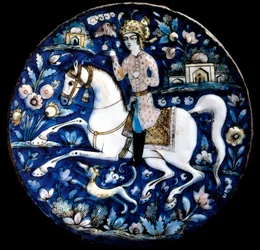 Iransk kunst: polykrom keramikfad, der repræsenterer en rytter. 1500-tallets privatsamling