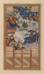 Rustam Lassoes the Khagan of China, Folio fra et manuskript af Shah-Nama af Firdausi, slutningen af det 15.-begyndelsen af det 16. århundrede (blæk, uigennemsigtig akvarel og guld på papir)