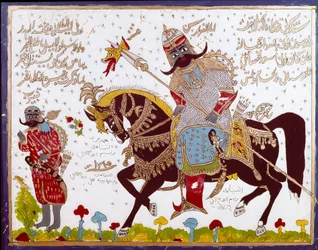 Islamisk glasmaling, der skildrer historien om Antar (Antar ibn Shaddad), arabisk præislamisk digter fra det 6. århundrede. Syrien, Damaskus, Azem-paladset eller Azm