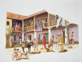 Det gamle Athen - rekonstruktion af et hus (farve litho)