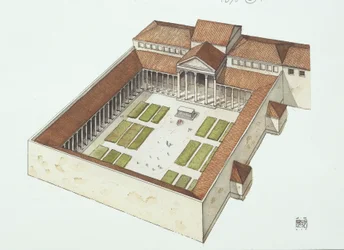Rekonstrueret forum bygget af Titus Flavius Vespasianus (farve litho)