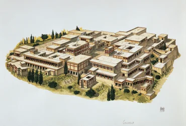 Rekonstruktion af Knossos Palace, Kreta, 20. århundrede f.Kr. (farve litho)