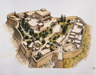 Rekonstruktion af det gamle Mykene (farve litho)