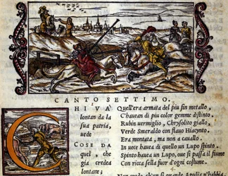 Kæmpen Eryphila monteret på en ulv kæmper Roger (Ruggero, Ruggiero) - Scene af ridderdigtet "Orlando Furioso" (Den rasende Roland) af Ludovico Ariosto (1474 - 1533) kaldet L
