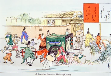 En overfyldt gade i Hei-an (Kyoto) (farvelitografi)