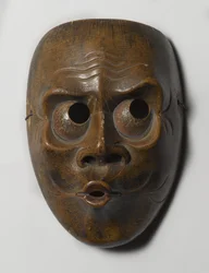 Maske muligvis af Usofuki, karakter i Kyogen-skuespil (træ)
