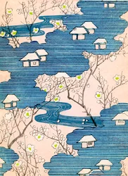 Mønster til et Kimono-design: Hytter med floder og kirsebærblomster, ca. 1900 (farvet træbloktryk)