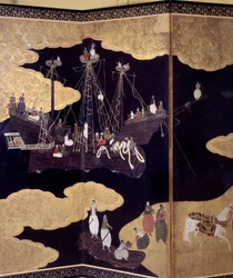 "Portugisisk" skærm: en repræsentation af portugisiske jesuitermissionærers ankomst til Japan i det 16. århundrede. Detalje. Realiseret af Kano Skolen (?). 1593-1600. Lissabons museum for antikke kunst